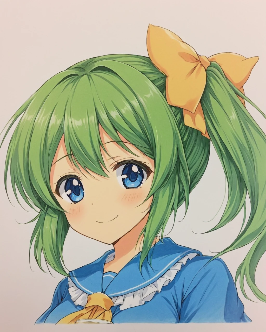 daiyousei,1girl, solo, smile, serafuku, traditional_media, shikishi, hair_bow, marker_\(medium\), neckerchief, side_ponytail, alternate_costume
<lora:daiyousei_image3166_2023-12-11-000010:1>,star-shaped_pupils,symbol-shaped_pupils,. gorgeous,key visual, vibrant, studio anime,award-winning, professional, highly detailed,high budget, cinemascope