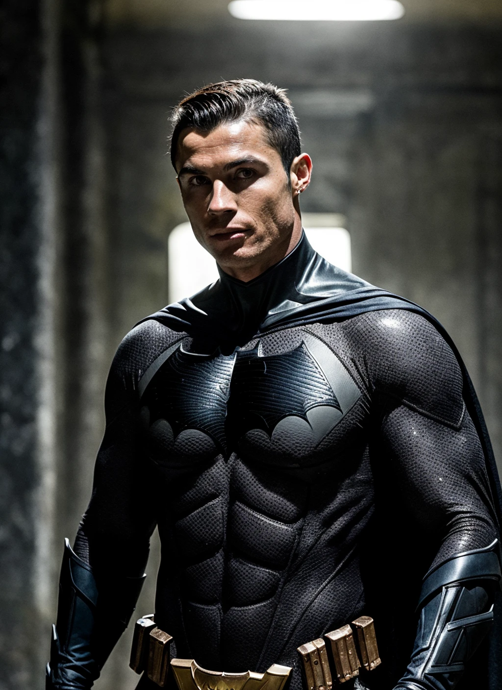 photo of sks person as batman cristianoronaldo-ti <lora:lora-small-cristiano-ronaldo-v1:0.2> <lora:locon_cristianoronaldo_v1_from_v1_64_32:0.3>, natural lighting, batma costume ((batman))