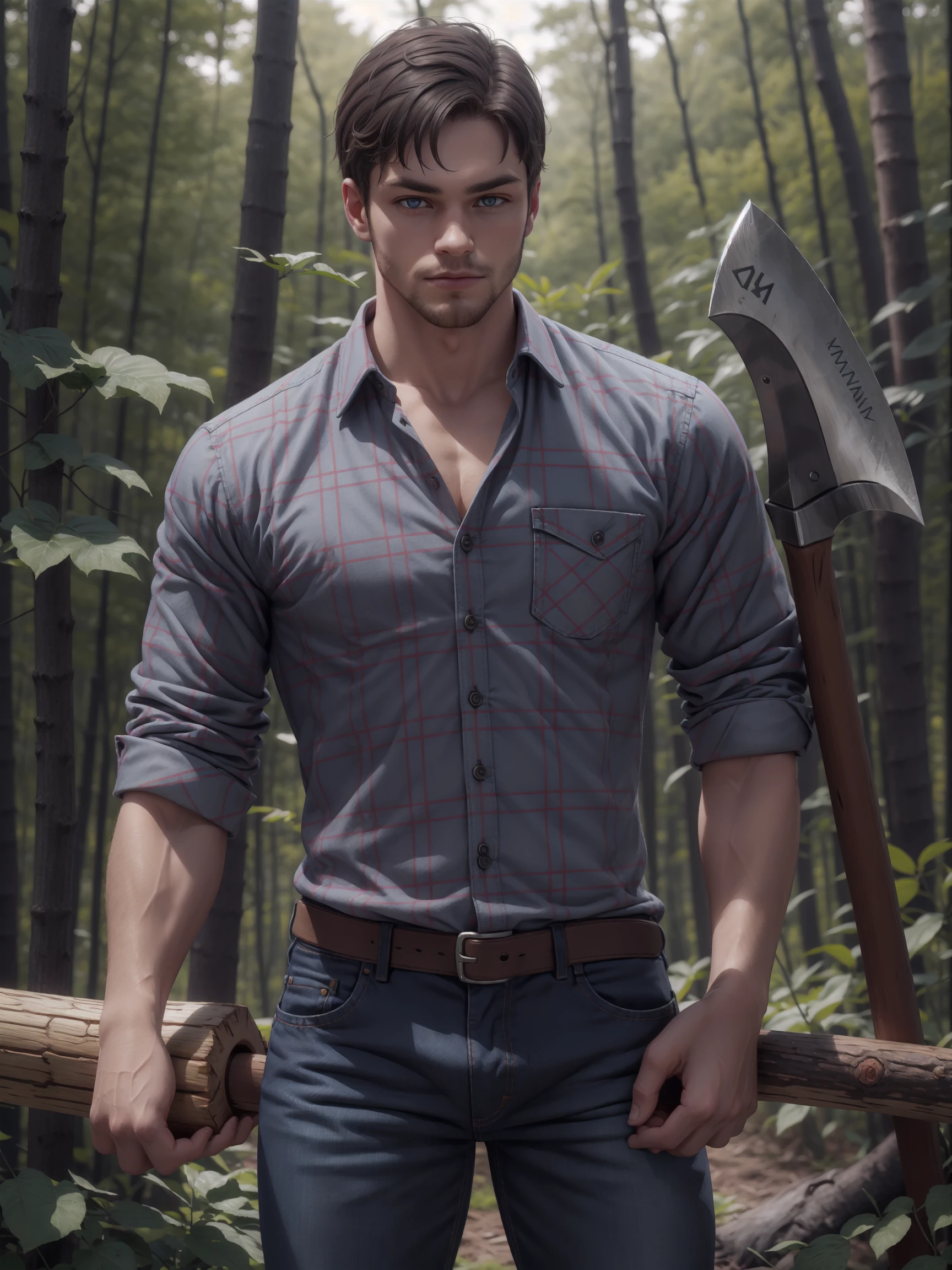 (masterpiece, best quality), man, male, (lumberjack, plaid shirt), muscles, buff, holding woodcutting axe, forest, trees, perfect face, perfect eyes, looking at viewer, jeans, posing,