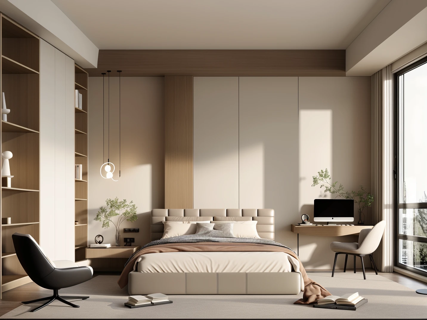Modern interior,no humans,couch,scenery,lamp,indoors,plant,table,window,book,potted plant,pillow,chair,ceiling light,sunlight,cup,<lora:Justin_Modern_V140:0.7>,