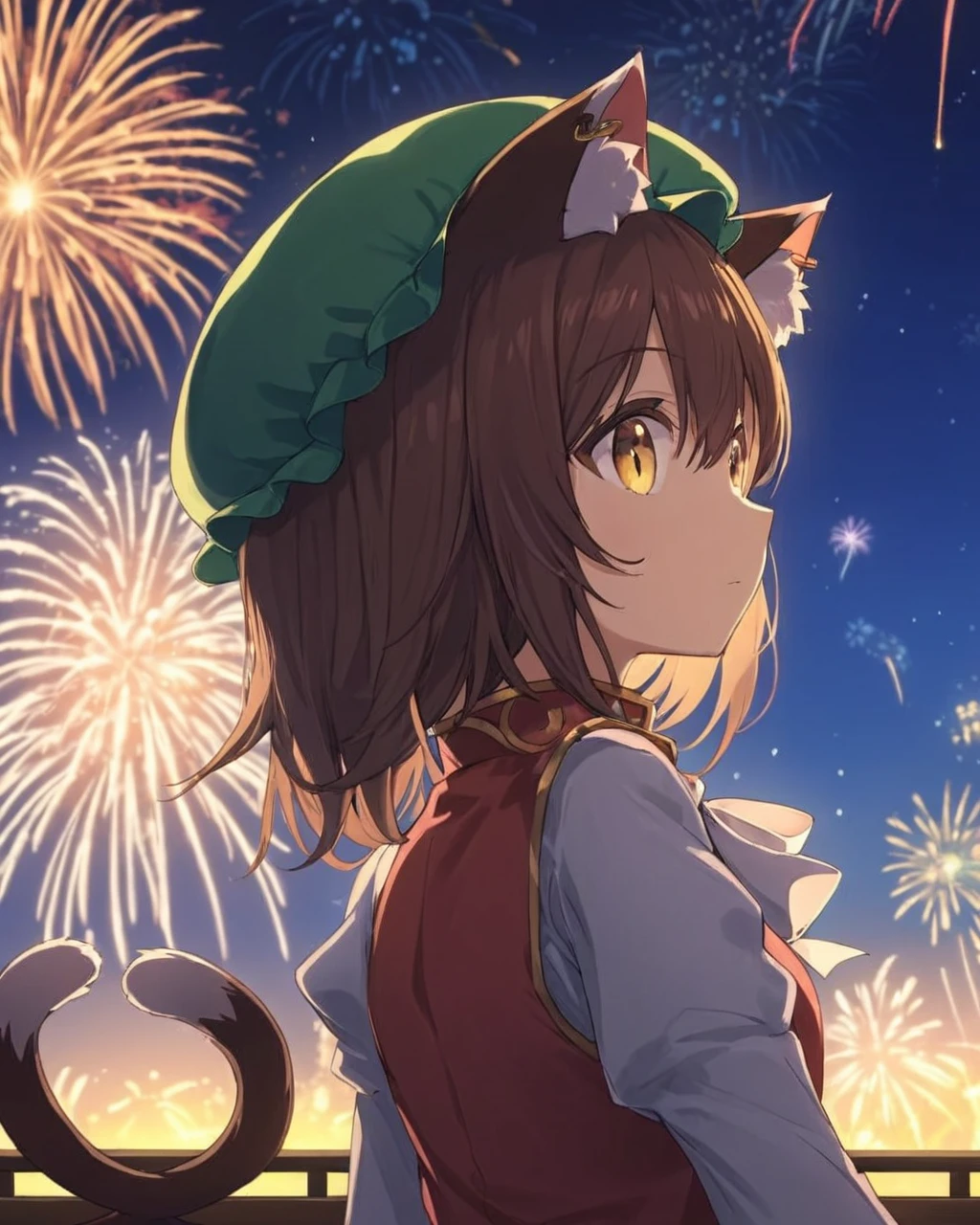 chen,1girl, solo, cat_tail, mob_cap, looking_at_viewer, red_dress, two_tails, long_sleeves, animal_ear_fluff, nekomata, dutch_angle, from_side, depth_of_field, green_headwear, white_bowtie, backlighting, aerial_fireworks, puffy_sleeves, night, looking_to_the_side, blurry_background
<lora:chen_image5769_2023-12-11:1>,star-shaped_pupils,symbol-shaped_pupils,. gorgeous,key visual, vibrant, studio anime,award-winning, professional, highly detailed,high budget, cinemascope