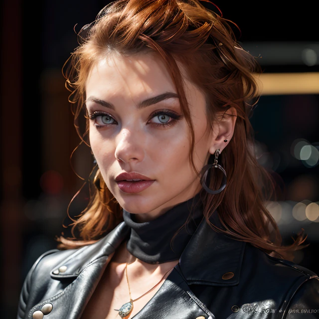 (masterpiece:1.2), (best quality,:1.2), 8k, HDR, ultra detailed, ((photorealistic)), professional light, cinematic lighting, fashion photography, ambient lighting, face lighting, Taylor, <lora:Taylor:1>, dynamic pose, wild and messy auburn hair, earrings, dark makeup, choker, necklace, ((portrait shot)), black turtleneck, leather coat, middle-aged, perfect skin