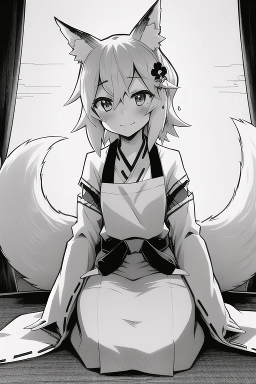 <lora:senkoLora_v4:1>, 1girl, animal ear fluff, animal ears, apron, blush, brown eyes, flower, fox ears, fox girl, greyscale, hair between eyes, japanese clothes, looking at viewer, miko, monochrome, sen, sen-anime, short hair, smile, solo, tail, white kimono, wide sleeves,  <luco:GoodHands-beta2:1>