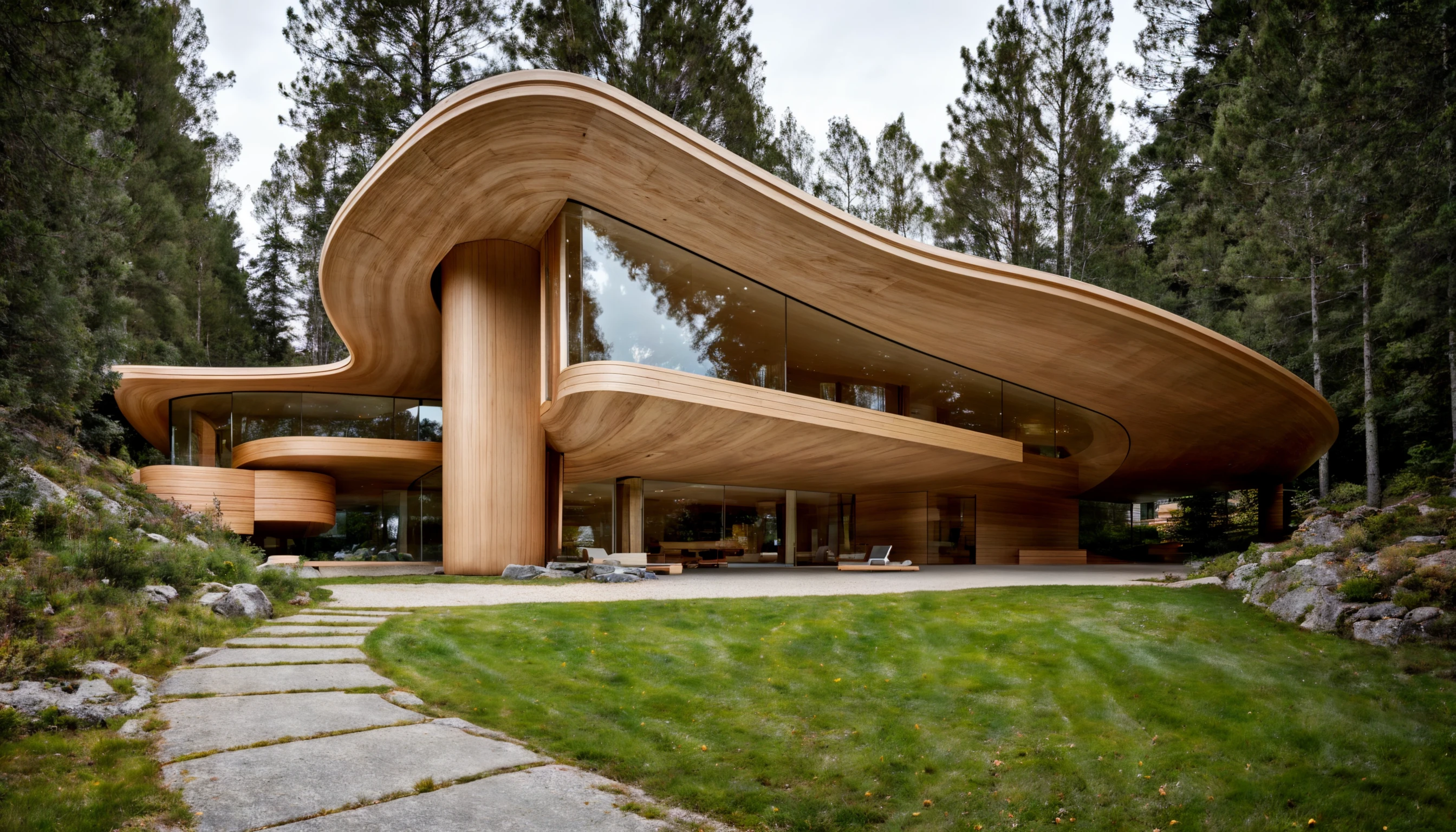 <lora:Arc_v5:0.68>, RAW photo, (curvy, raw, sculptural, carved wood, residential villa in Norway, designed by Kengo Kuma), beautiful composition, 1 boy playing, curvilinear, ((retro futurism style)), white sky, cinematic lighting, (diffused light:1), fog, architecture photography, hyper realistic, super detailed, 8k, Nikon Z6 Mirrorless Camera, film grain