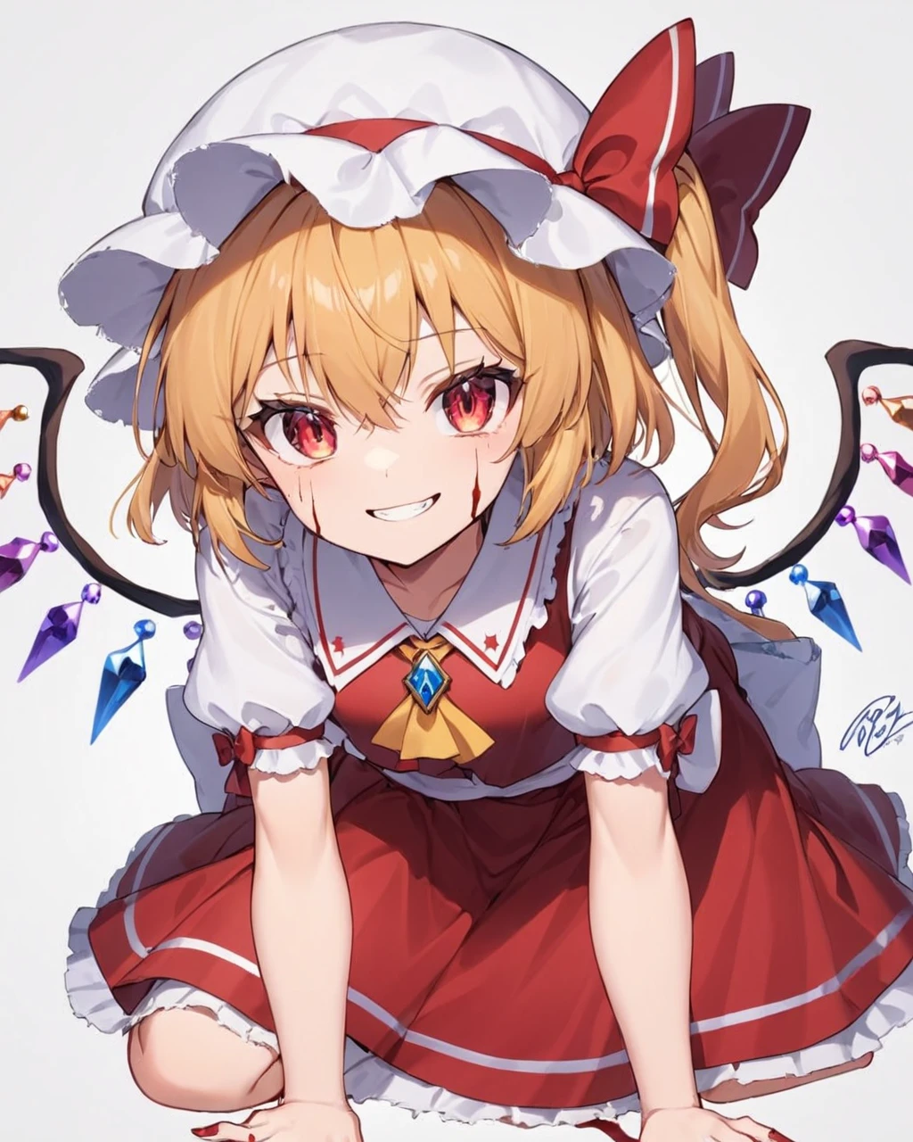 flandre scarlet,1girl, solo, mob_cap, wings, red_skirt, white_background, looking_at_viewer, red_bow, grin, red_nails, one_side_up, crystal, simple_background, cowboy_shot, blood_on_hands, dated, torn_skirt, white_headwear, puffy_short_sleeves, red_vest, nail_polish, skirt_set, hat_bow, shirt, signature, leaning_forward, claw_pose, blood_on_face, fingernails, artist_name, foreshortening
<lora:flandre_scarlet_image12338_2023-12-11-000005:1>,star-shaped_pupils,symbol-shaped_pupils,. gorgeous,key visual, vibrant, studio anime,award-winning, professional, highly detailed,high budget, cinemascope