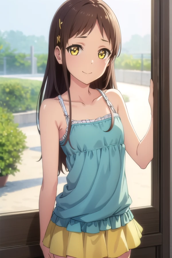 chiesayama, <lora:chie sayama ova-lora-nochekaiser:1>,
chie sayama, brown hair, (yellow eyes:1.5), hair ornament, hairclip, dark skin, dark-skinned female, smile,
BREAK camisole, blue camisole, bare shoulders, collarbone, skirt, yellow skirt,
BREAK outdoors,
BREAK looking at viewer, (cowboy shot:1.5),
BREAK <lyco:GoodHands-beta2:1>, (masterpiece:1.2), best quality, high resolution, unity 8k wallpaper, (illustration:0.8), (beautiful detailed eyes:1.6), extremely detailed face, perfect lighting, extremely detailed CG, (perfect hands, perfect anatomy),