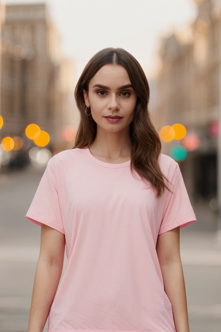 headshot, pink tee, city, soft colors, bokeh, masterpiece, high quality, (high detailed skin:1.1)
<lora:lily_collins_lora_v01:1> l1lyco
