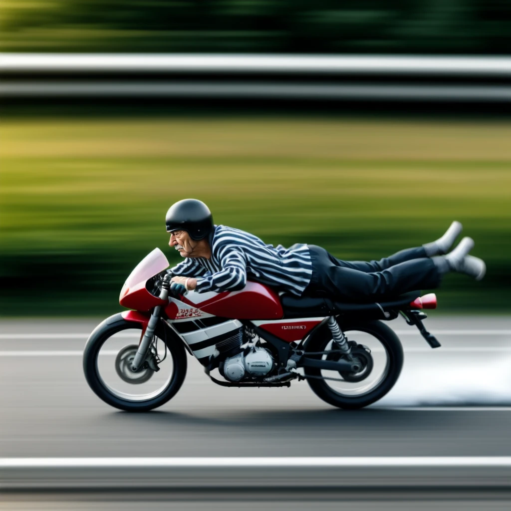 <lora:Toboggan_v1:0.5>, old man, outdoors, blurry, from side, blurry background, vertical stripes, jumping, motion blur, realistic, riding, KMNR, toboggan, helmet, on stomach