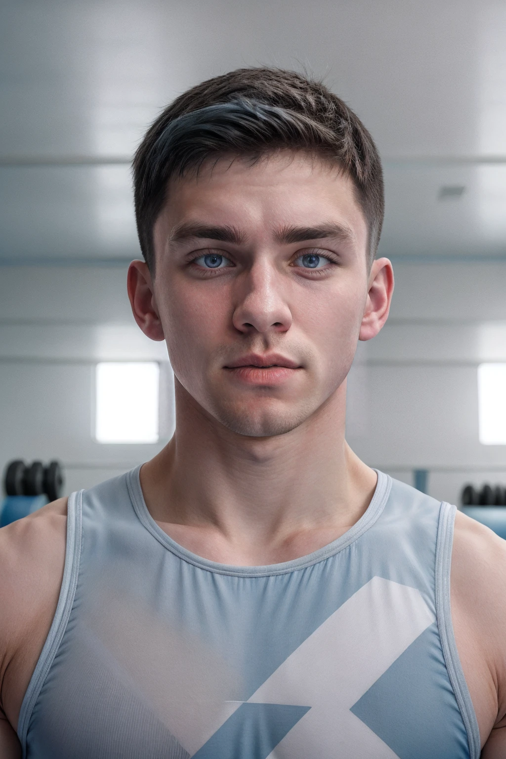 close-up headshot photo of fb_billy <lora:fratbrat_billy-06:0.75> wearing sky blue leotard with white and gray accents, blurred gym background, soft diffused lighting, contemplative and focused mood, slight thoughtful expression, 85mm, f/2.8