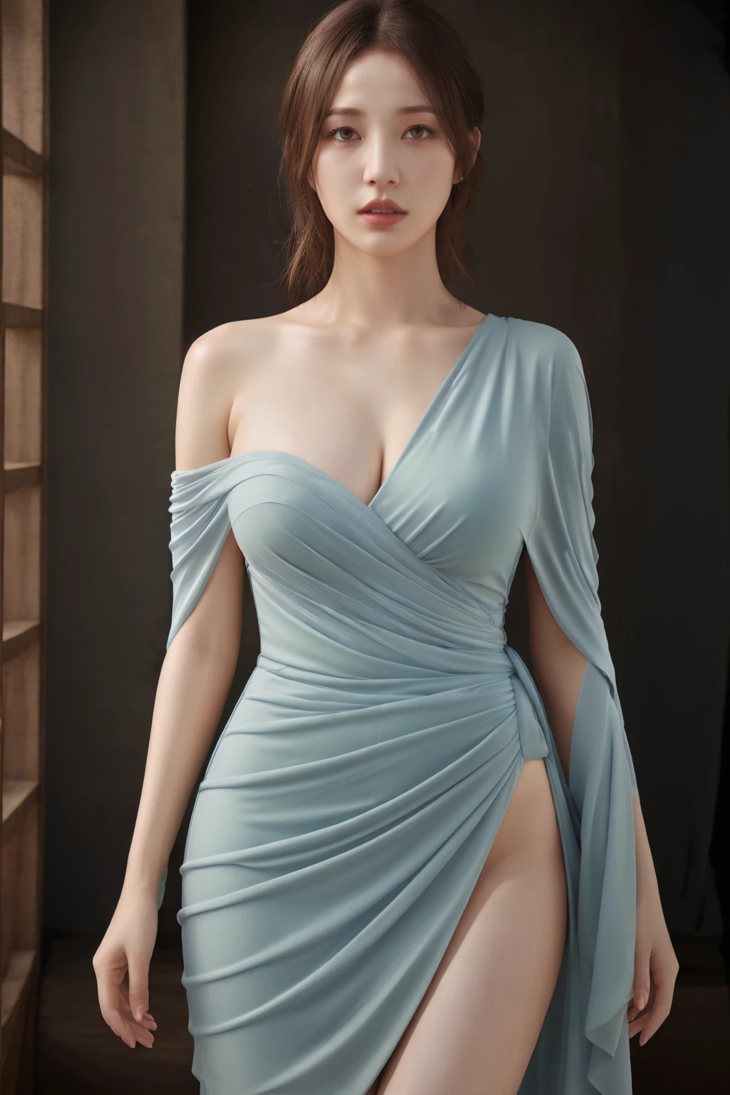 ((best quality)),absurdres,(ultra high res), light blue dress, a woman in a draped front wrap dress, indoors, perfect female body, extremely detailed, (realistic), (8k), (Masterpiece), (realistic skin texture), <lora:wrap:0.65>