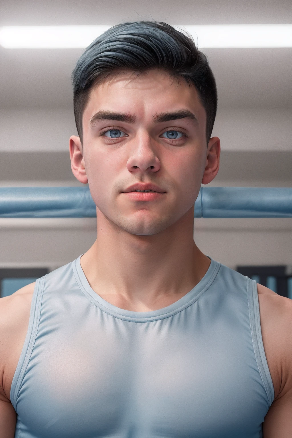 close-up headshot photo of fb_billy <lora:fratbrat_billy-06:0.75> wearing sky blue leotard with white and gray accents, blurred gym background, soft diffused lighting, contemplative and focused mood, slight thoughtful expression, 85mm, f/2.8