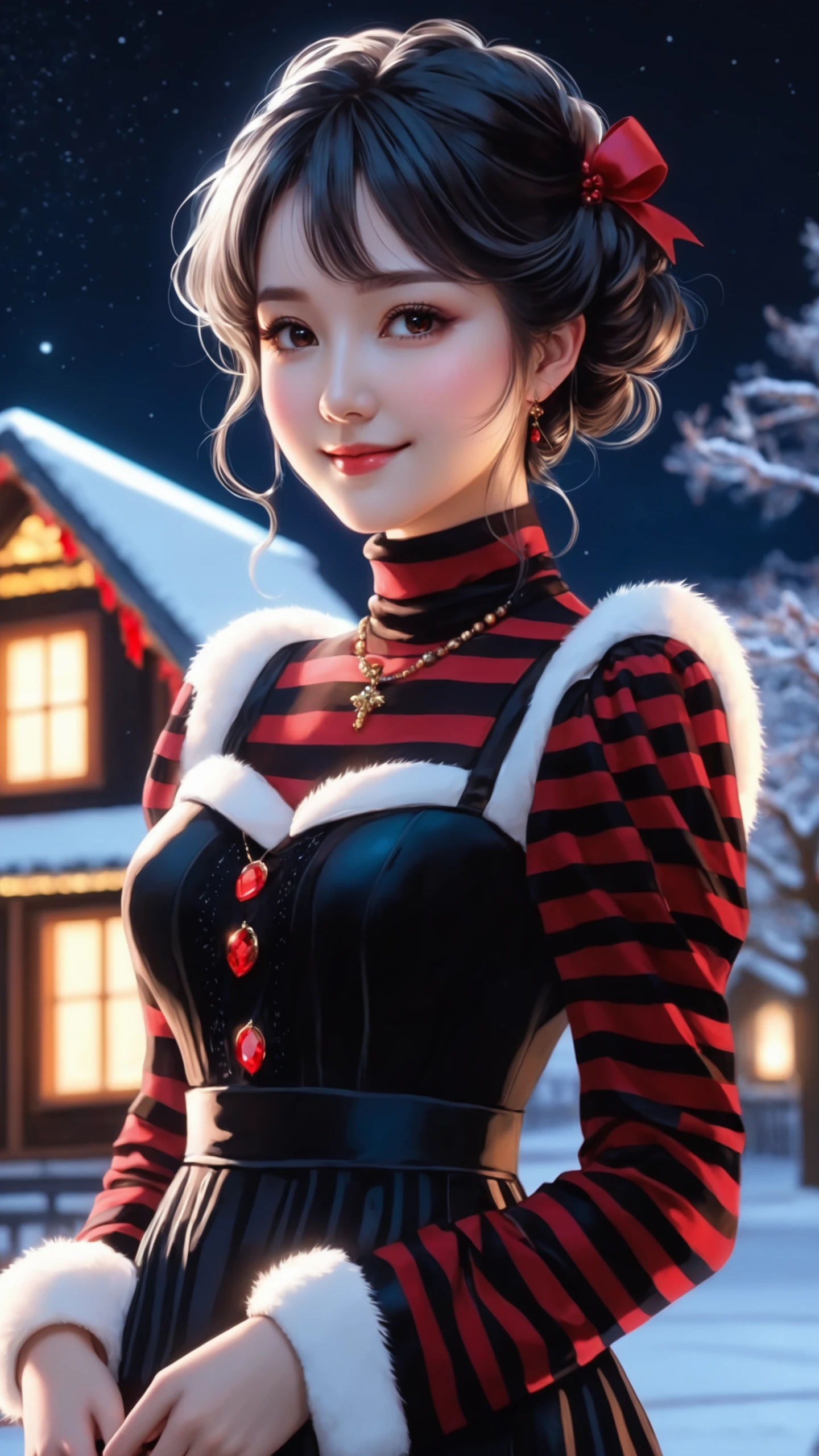 Extremely cute goth girl, red christmas theme, tiny golden accents, beautifully and intricately detailed, ethereal glow, whimsical, art by Mschiffer, best quality, glass art, magical holographic glow, (realistic:1.3), finely detailed, quality, Rembrandt lighting, (masterpiece:1.2), (photorealistic:1.2), (best quality), (detailed skin:1.3), (intricate details), dramatic, ray tracing, 1girl, japanese girl, 21 years old beautiful girl, detailed skin texture, (blush:0.5), (vaporwave:0.5), subsurface scattering, smiling, medium breasts, short hair curls, bangs, hair between eyes, (striped dress:1.2), long dress, jewelry, ribbon, turtleneck, sweater, puffy sleeves, long sleeves, fur trim, fur dress, cowboy shot, (night, night sky, winter scene, snow covered cityscape, hokkaido, christmas decorations)