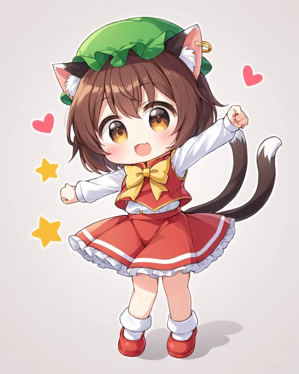 chen,1girl, solo, heart_tail, white_background, simple_background, cat_tail, mob_cap, chibi, two_tails, animal_ear_fluff, yellow_bowtie, arms_up, open_mouth, :3, red_skirt, standing_on_one_leg, green_headwear, single_earring, full_body, red_footwear, long_sleeves, :d, nekomata, red_vest, paw_print, ^_^, white_socks, blush, \\o/
<lora:chen_image5769_2023-12-11:1>,star-shaped_pupils,symbol-shaped_pupils,. gorgeous,key visual, vibrant, studio anime,award-winning, professional, highly detailed,high budget, cinemascope