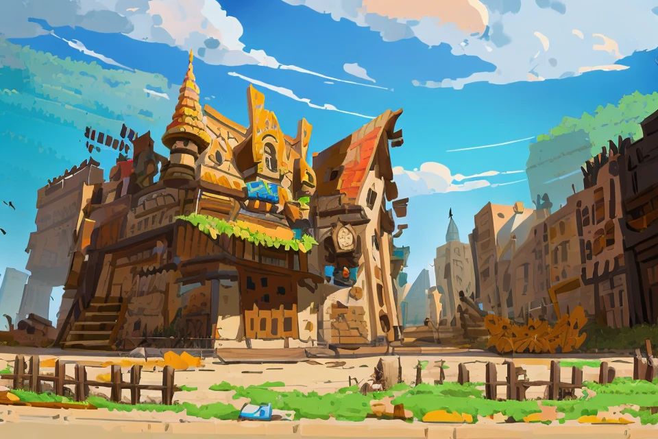 illustration,scenery,ground vehicle,building,motor vehicle,city,bridge,car,architecture,road,tree,house,outdoors,lamppost,sky,stairs,castle,cityscape,<lora:å¥½åç±³-building-000014:1>,