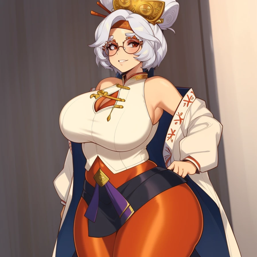 (masterpiece, best quality:1.3), Taigerarts, Soft Shading, 1girl, solo, looking at viewer, <lora:Taigerarts Style Lora:.8>, toothy smile, dynamic angle, blushing, purah, large breasts, wide hips, thick thighs, mature female, red glasses, hair ornament, hair stick, red headband, white shirt, bare shoulders, white jacket, black skirt, orange leggings, high heels <lora:purah-nvwls-v3-2:.8>