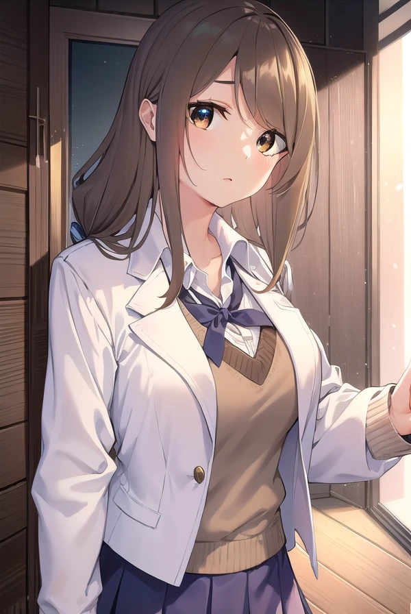 mayaakitsu, <lora:maya akitsu manga-lora-nochekaiser:1>,
maya akitsu, long hair, bangs, brown hair, (brown eyes:1.5),
BREAK skirt, shirt, long sleeves, cleavage, school uniform, collarbone, jacket, white shirt, pleated skirt, open clothes, collared shirt, sweater, open jacket, black jacket, blazer, blue jacket, grey skirt, brown sweater,
BREAK indoors, classroom,
BREAK looking at viewer, (cowboy shot:1.5),
BREAK <lyco:GoodHands-beta2:1>, (masterpiece:1.2), best quality, high resolution, unity 8k wallpaper, (illustration:0.8), (beautiful detailed eyes:1.6), extremely detailed face, perfect lighting, extremely detailed CG, (perfect hands, perfect anatomy),