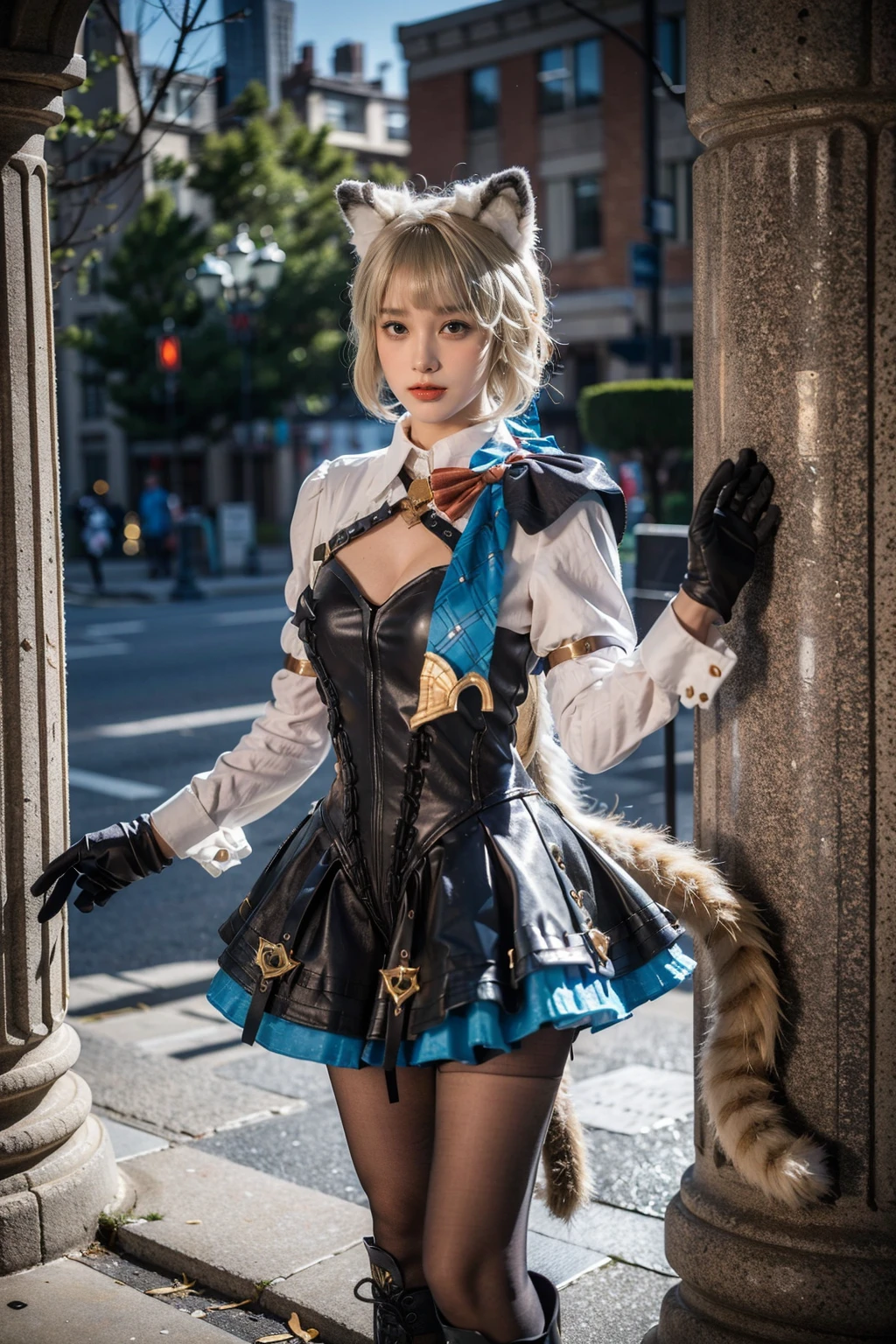 best quality, masterpiece, photorealistic, 1girl, solo, standing, cowboy shot, (looking at viewer:1.2), closed mouth, lynette cosplay, dress, cosplay, animal ears, blonde hair, short hair, collar, long sleeves, pantyhose, blonde hair, black pantyhose, gloves, lace-up boots, tail, cleavage, castle, <lora:genshin_Lynette_cosplay_v1:0.65>