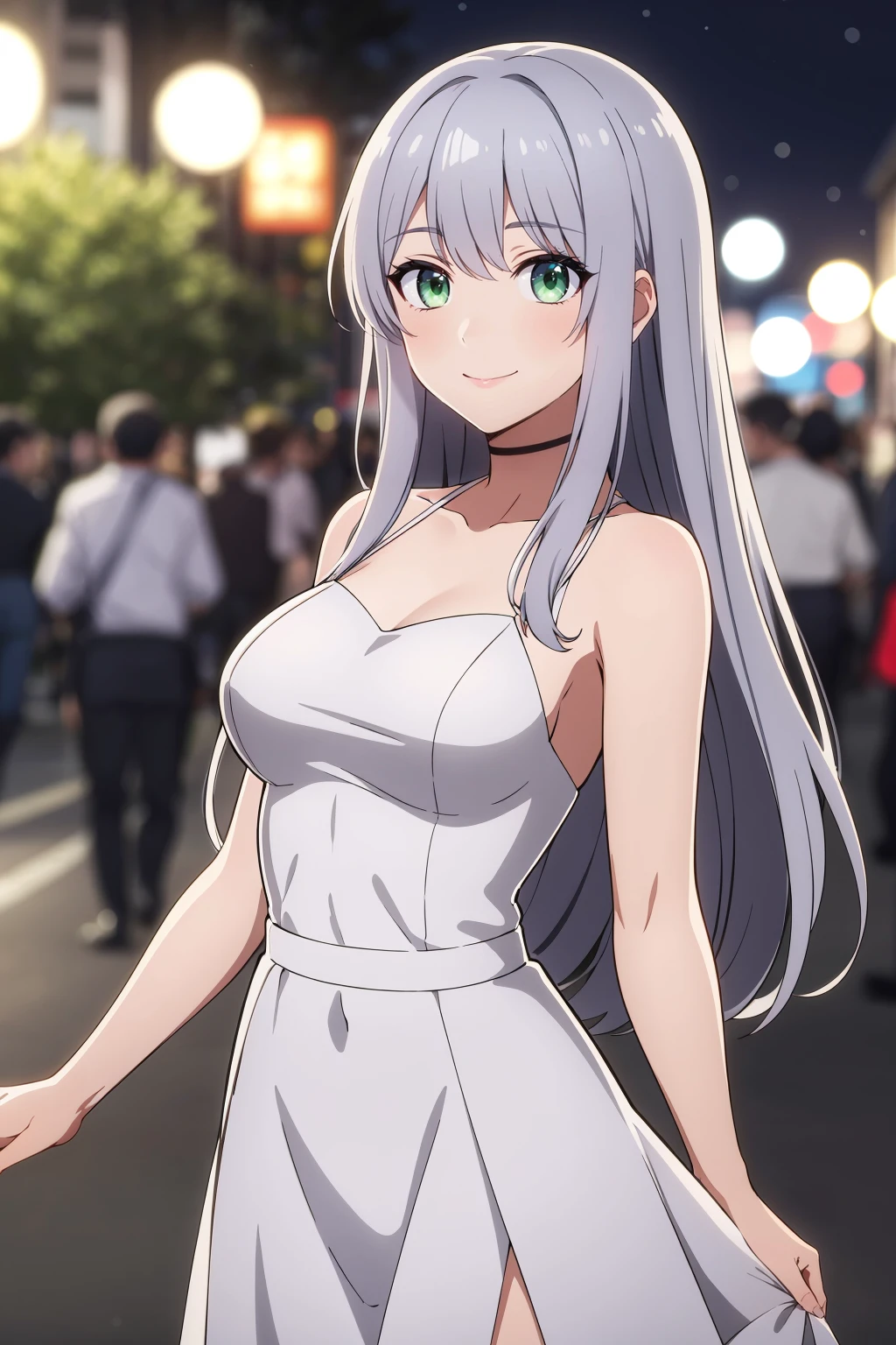 masterpiece, best quality, absurdres, solo,
long hair, wavy hair, silver hair, green eyes, medium breasts, white dress, seductive smile, undersized clothes,
bokeh, street, night, looking at viewer, crowd,