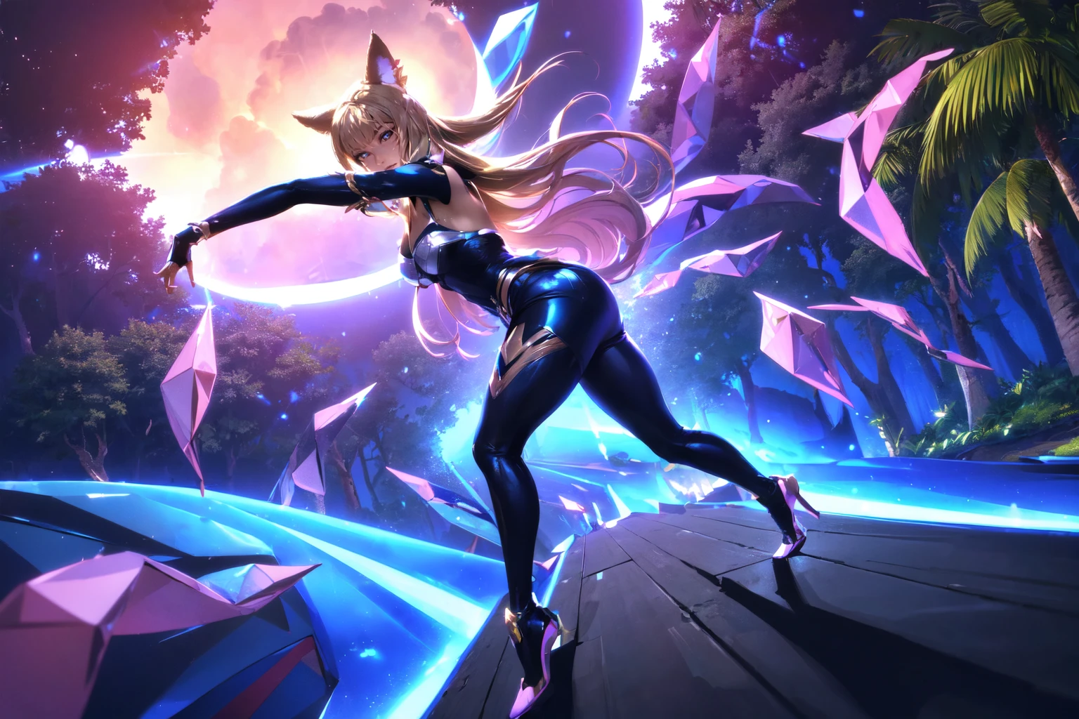 ((a woman running throu the jungle jumping  dynamic pose, full body, explosions in background)), high detail skin, high detail eyes, high detail hair, highres, ultra detailed:1.2, detailed pores, imperfect skin:1.2, detailed reflective shiny skin, diffused skin pores, sharpen picture, Highly detailed,masterpiece, best quality,     <lora:KDA_Ahriv2LoRA:1> kdaahri with blonde long hair, cat ears and crystal like tail wearing kdaoutfit,