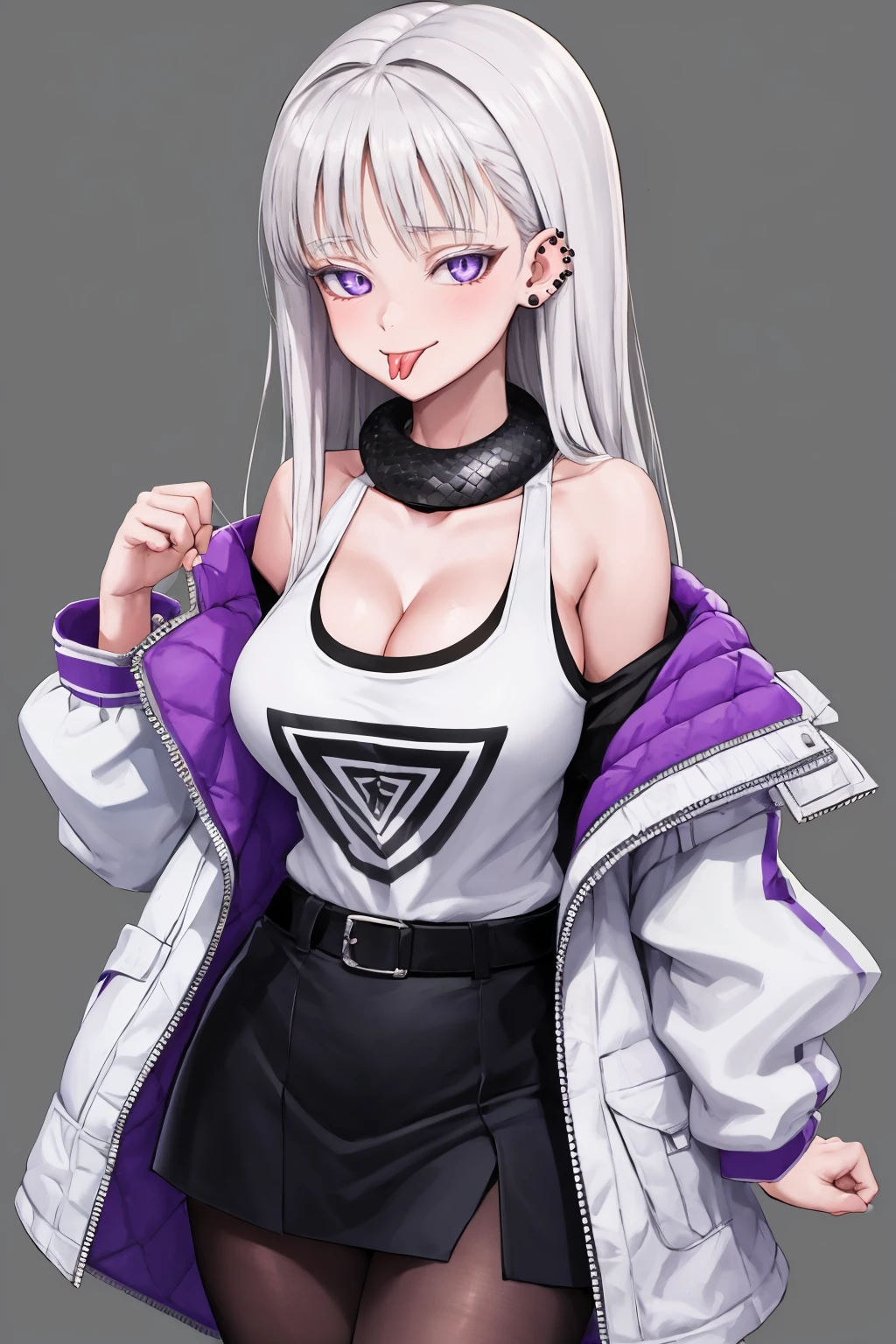 masterpiece, best quality, 1girl, solo, <lora:cheona-lo-richy-v1:1> cheonadef, ear piercing, cheonadef, ear piercing, white jacket, off shoulder, tank top, cleavage, black skirt, pantyhose, forked tongue, tongue out, purple eyes, slit pupils, white snake