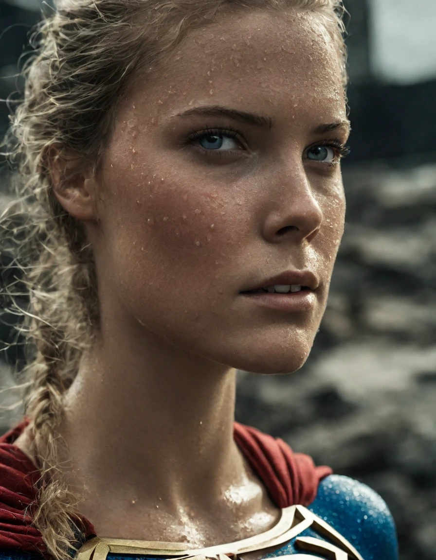 cinematic photograph of 1girl cosplaying as supergirl, (she is sweaty:1.5), ultra detailed skin texture, cinematic, promotional movie photograph, photo shot by Ingrid baars, shot with Hasselblad