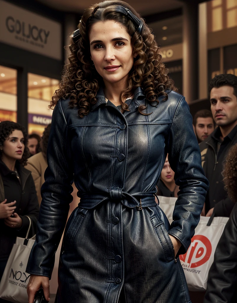 a little stocky M3l_K4n4k4 woman, in the city mall, crowd around her, wearing blue jeans and a black leather coat, she has one bag over her shoulder, (curly hair:1.2), slightly smiling, closeup torso view, realistic, highly detailed, <lora:curly_hair_slider_v1:8>