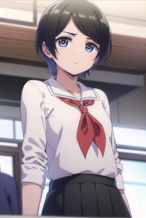 aitanahara, <lora:ai tanahara anime s1-lora-nochekaiser:1>,
ai tanahara, short hair, black hair, hair ornament, (brown eyes:1.3), hairclip, (swept bangs:1.5), (flat chest:1.2),
BREAK shirt, white shirt, collared shirt, neckerchief, red neckerchief, skirt, black skirt,
BREAK indoors, classroom,
BREAK looking at viewer,
BREAK <lyco:GoodHands-beta2:1>, (masterpiece:1.2), best quality, high resolution, unity 8k wallpaper, (illustration:0.8), (beautiful detailed eyes:1.6), extremely detailed face, perfect lighting, extremely detailed CG, (perfect hands, perfect anatomy),