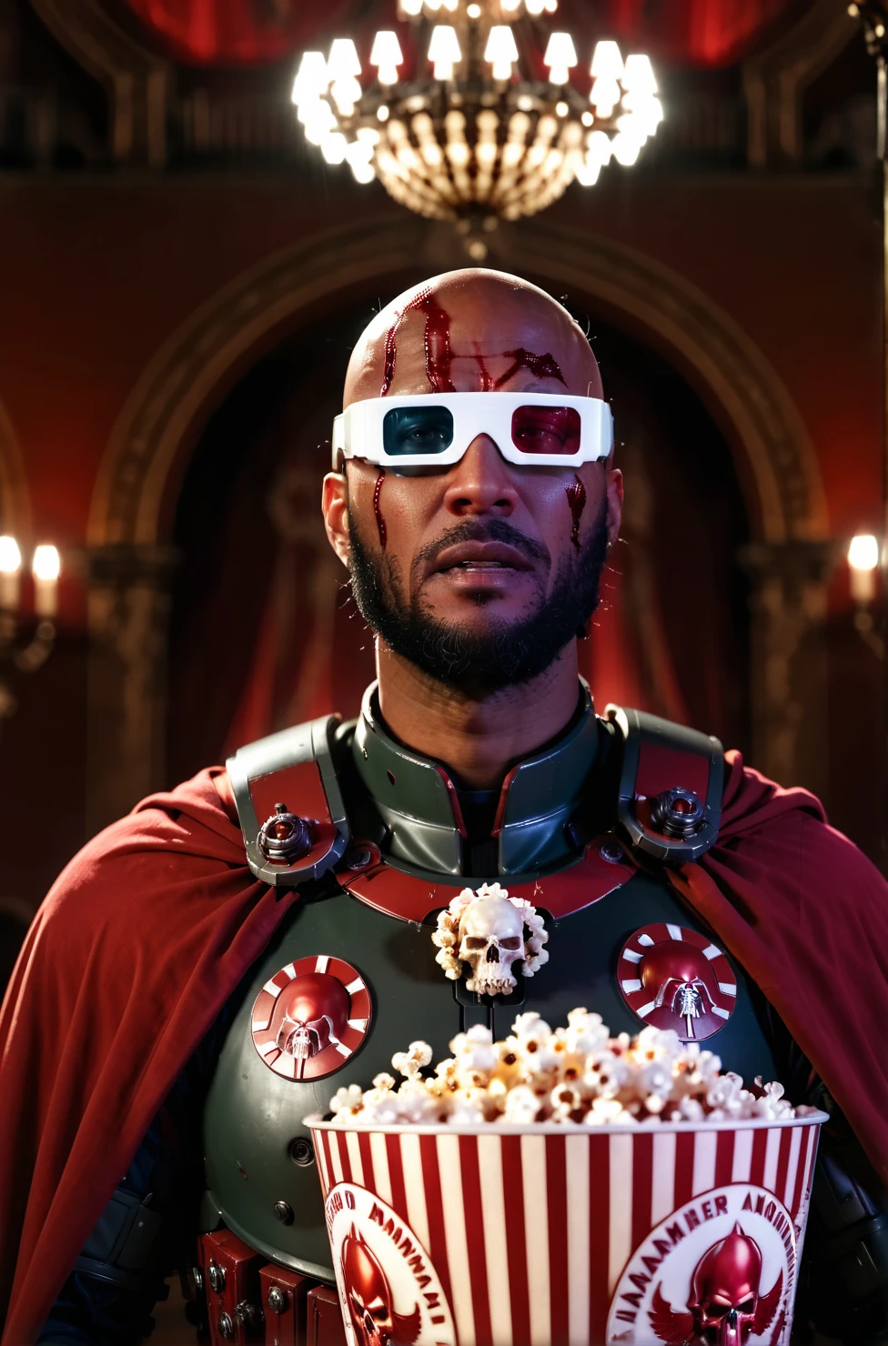 a candid photograph of: 3dglasses,blood angel space marine from warhammer 40k, in well lit auditorium, arches, antique lights, chandelier, popcorn, masterpiece, absurdres, 8k, 16k, highly detailed, shot on a RED digital cinematic camera, Sigma 85mm f/1.4, pores, highly detailed skin, goosebumps, highly detailed hair, fine fabric thread detail, shot lit and composed by Tim Walker,<lora:3DGlasses:1>