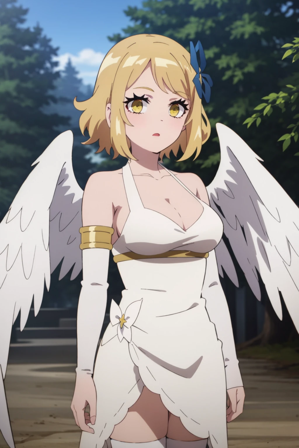 Goblins, Black Dress, Strapless Dress, Blonde, Twin Blade, Long braids, Gold Belt, Black arm guards, Bangles, white lace panties,Yellow Eyes, (((Goblins wings))), Black earrings, Outdoor, in a birdcage, , break masterpiece ,8k unity wallpaper,anime key visual,highest quality, High resolution, unity 8k wallpaper, (shape:0.8),anime coloring,highly detailed face, detailed eyes,growing eyes,shiny skin,fine skin,white skin,dense skin,detailed hair,highly detailed legs,perfect lighting, Detailed CG, (perfect hands, perfect anatomy),High resolution,(Detailed wear ),slender limbs, delicate curves, dainty hands,figure:0.8,