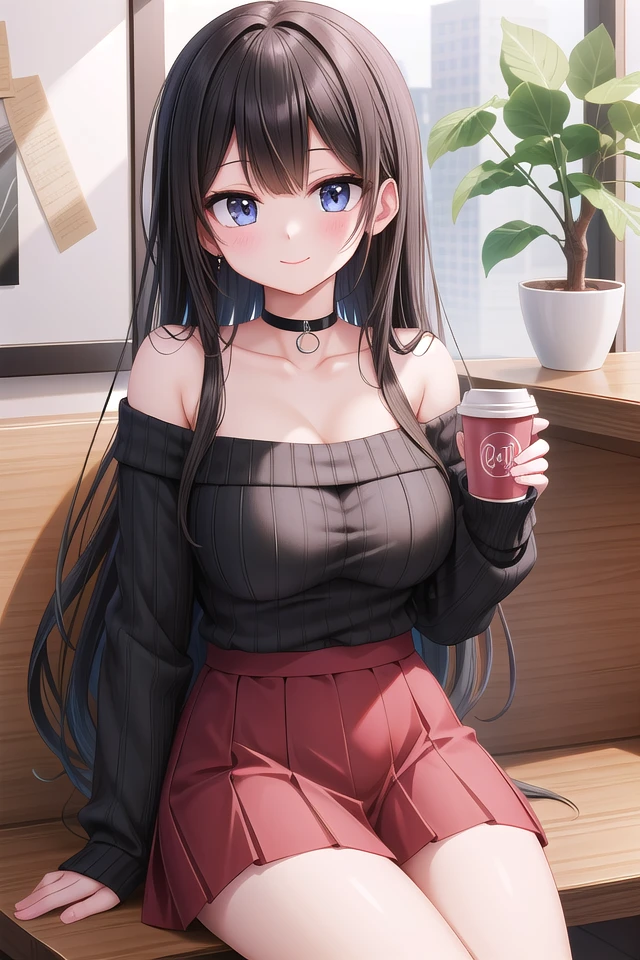 insanely detailed, absurdres, ultra-highres, ultra-detailed, best quality,
1 girl, solo, nice hands, perfect hands,
BREAK
wearing sweater, off shoulder sweater, one piece sweater, sweater with long sleeves, bare shoulder, collarbone, red skirt
BREAK
happy smile, laugh, closed mouth,
sitting, holding coffee cup,
45 angle, cowboy shot, looking at viewer
BREAK
slender, kawaii, perfect symmetrical face, ultra cute girl, ultra cute face, ultra detailed eyes, ultra detailed hair, ultra cute, ultra beautiful,
BREAK
indoors, in coffee shop
BREAK
large breasts, black hair, long hair, black eyes