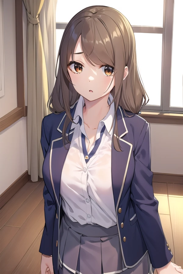 mayaakitsu, <lora:maya akitsu manga-lora-nochekaiser:1>,
maya akitsu, long hair, bangs, brown hair, (brown eyes:1.5),
BREAK skirt, shirt, long sleeves, cleavage, school uniform, collarbone, jacket, white shirt, pleated skirt, open clothes, collared shirt, sweater, open jacket, black jacket, blazer, blue jacket, grey skirt, brown sweater,
BREAK indoors, classroom,
BREAK looking at viewer, (cowboy shot:1.5),
BREAK <lyco:GoodHands-beta2:1>, (masterpiece:1.2), best quality, high resolution, unity 8k wallpaper, (illustration:0.8), (beautiful detailed eyes:1.6), extremely detailed face, perfect lighting, extremely detailed CG, (perfect hands, perfect anatomy),