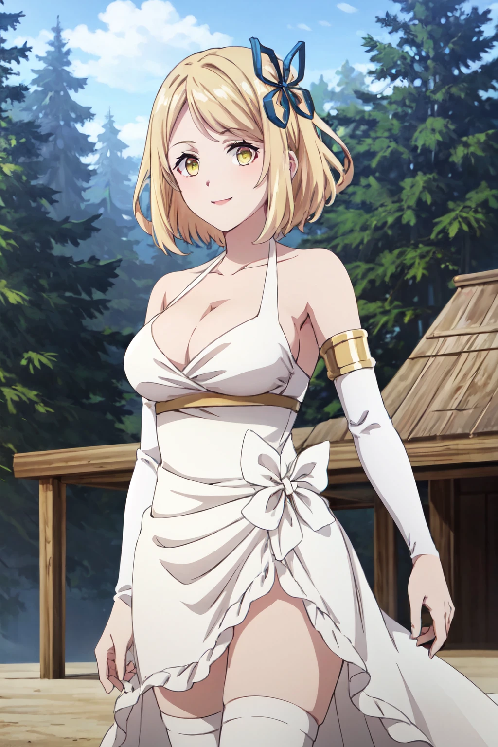 best quality, 4k, ((masterpiece)), extremely detailed, 8k, trending on ArtStation, Intricate, High Detail, Sharp focus, farm, day, sun, outdoors, anime coloring,
Tia,BLONDE HAIR, SHORT HAIR, YELLOW EYES, HAIR ORNAMENT, isekai nonbiri Nokia,standing, (from front:1.2), (looking at viewer:1.2), (big breasts:1.2), skindentation, smile, 1girl, (solo:1.2),
tia, blonde hair, cleavage, white dress, bridal gauntlets, thighhighs, yellow eyes, short hair, bare shoulders, sleeveless dress, ribbon, toeless legwear, elbow gloves, hair ribbon, collarbone, blue ribbon, bangs