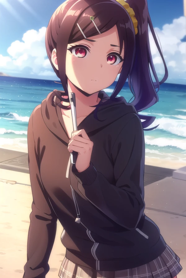 akariooshiro, <lora:akari ooshiro anime s1-lora-nochekaiser:1>, 
akari ooshiro, long hair, brown hair, hair ornament, hairclip, side ponytail, hair scrunchie, yellow scrunchie, (red eyes:1.3),
BREAK skirt, long sleeves, pleated skirt, hood, miniskirt, black pantyhose, hoodie, blue shirt, blue sleeves,
BREAK outdoors, beach,
BREAK looking at viewer,
BREAK <lyco:GoodHands-beta2:1>, (masterpiece:1.2), best quality, high resolution, unity 8k wallpaper, (illustration:0.8), (beautiful detailed eyes:1.6), extremely detailed face, perfect lighting, extremely detailed CG, (perfect hands, perfect anatomy),