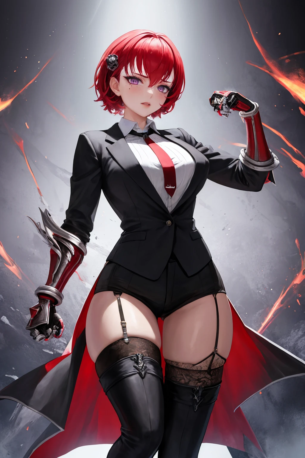 masterpiece, best quality, <lora:janghwa-lo-richy-v1:1> 1girl, solo, standing, janghwarnd, mole under eye, purple eyes, garter straps, thighhighs, thigh boots,formal, suit, red necktie, large breasts, bracelet, clawed gauntlets,