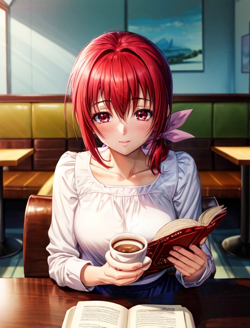 best quality, masterpiece, highres, detailed, digital artwork, <lora:Tools - add_detail:0.2>, IkuyoHoshi, red hair, pink ribbon, low ponytail, red eyes, white shirt, blue skirt, mature woman,  <lora:Character - IkuyoHoshi:0.8>, cafe, table, pov across table, coffee, cup, book, reading,