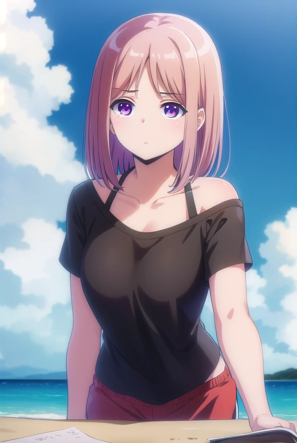 ayasatachibana, <lora:ayasa tachibana anime s1-lora-nochekaiser:1>,
ayasa tachibana, brown hair, purple eyes, pink hair, short hair,
BREAK shirt, collarbone, short sleeves, shorts, black shirt, t-shirt, red shorts, dolphin shorts,
BREAK outdoors, beach,
BREAK looking at viewer,
BREAK <lyco:GoodHands-beta2:1>, (masterpiece:1.2), best quality, high resolution, unity 8k wallpaper, (illustration:0.8), (beautiful detailed eyes:1.6), extremely detailed face, perfect lighting, extremely detailed CG, (perfect hands, perfect anatomy),
