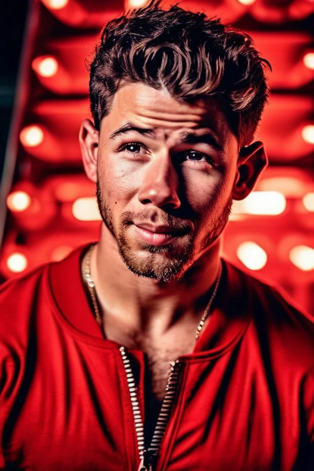 nick jonas a man <lora:nick-jonas:1>, realistic photo in a worn ((skin-revealing skimpy erotic red tracksuit, massive hairy pecs)), big pecs, big arms, bulge, VPL, ((light bokeh)), intricate, (steel metal [rust]), elegant, erotic, exuding sexual energy, homoerotic, sharp focus, photo by greg rutkowski, soft lighting, vibrant colors, (masterpiece), ((streets)), (detailed face), looking at viewer, light smile, night, walking towards viewer, cinematic lighting, beautiful lighting, cinematic lighting, (hazy filter, film grain:1.2)