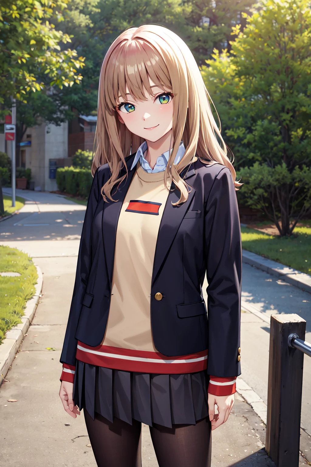 masterpiece, best quality, highres, mashi1, solo, school uniform, red necktie, pleated skirt, shirt, white socks, kneehighs, blue jacket, long sleeves, breasts, cowboy shot, standing,