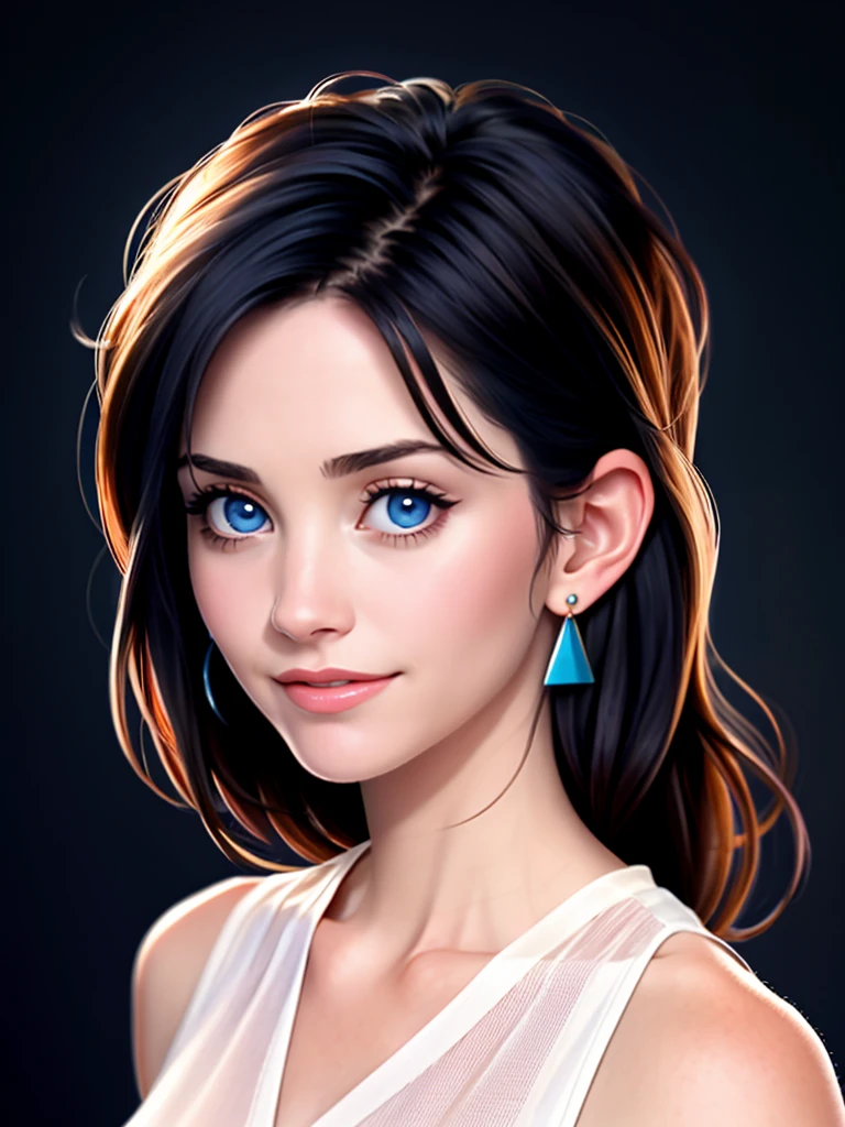 Realistic photo of a beautiful c0urt3n3yc woman,1girl,solo,long hair,breasts,looking at viewer,smile,blue eyes,shirt,black hair,jewelry,upper body,earrings,sleeveless,blurry,lips,blurry background,realistic,soft lighting, professional Photography, Photorealistic, detailed, RAW, analog, sharp focus, 8k, HD, high quality, masterpiece<lora:c0urt3n3yc:1.0>