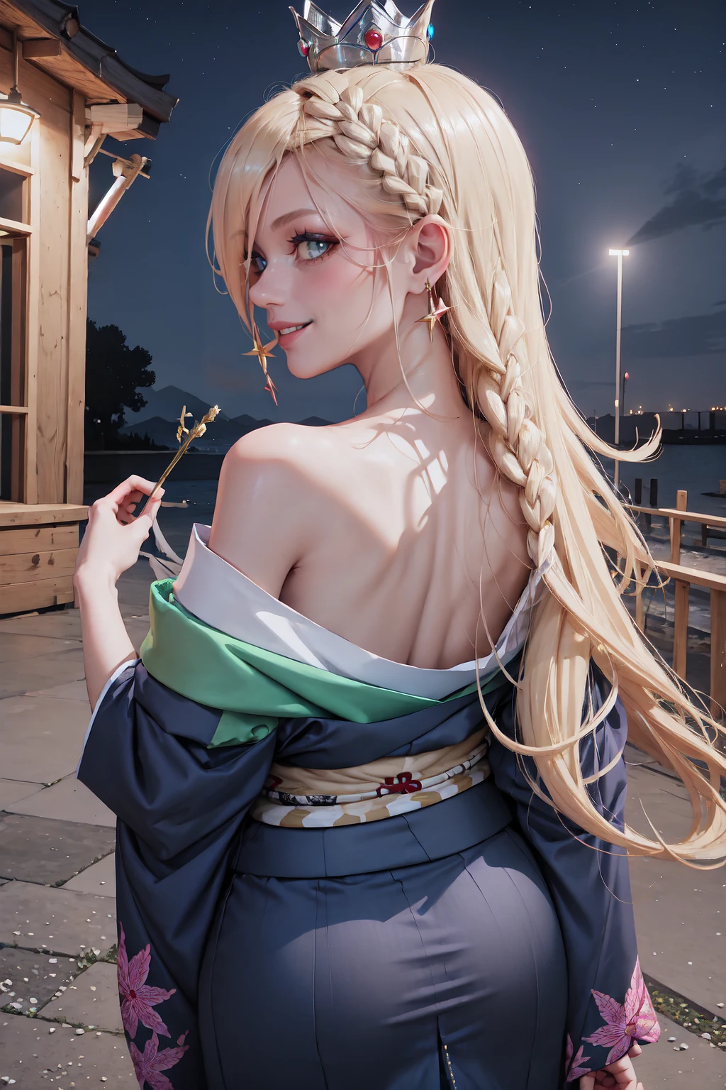 kimono, from behind, off shoulder, shoulder blades, <lora:OffShoulderKimono:1>, outdoors, night, looking at viewer, IncrsRsln, hair over one eye, RslnDef, crown, <lora:Char_MarioSeries_Rosalina:0.9>, seductive smile, braid,
