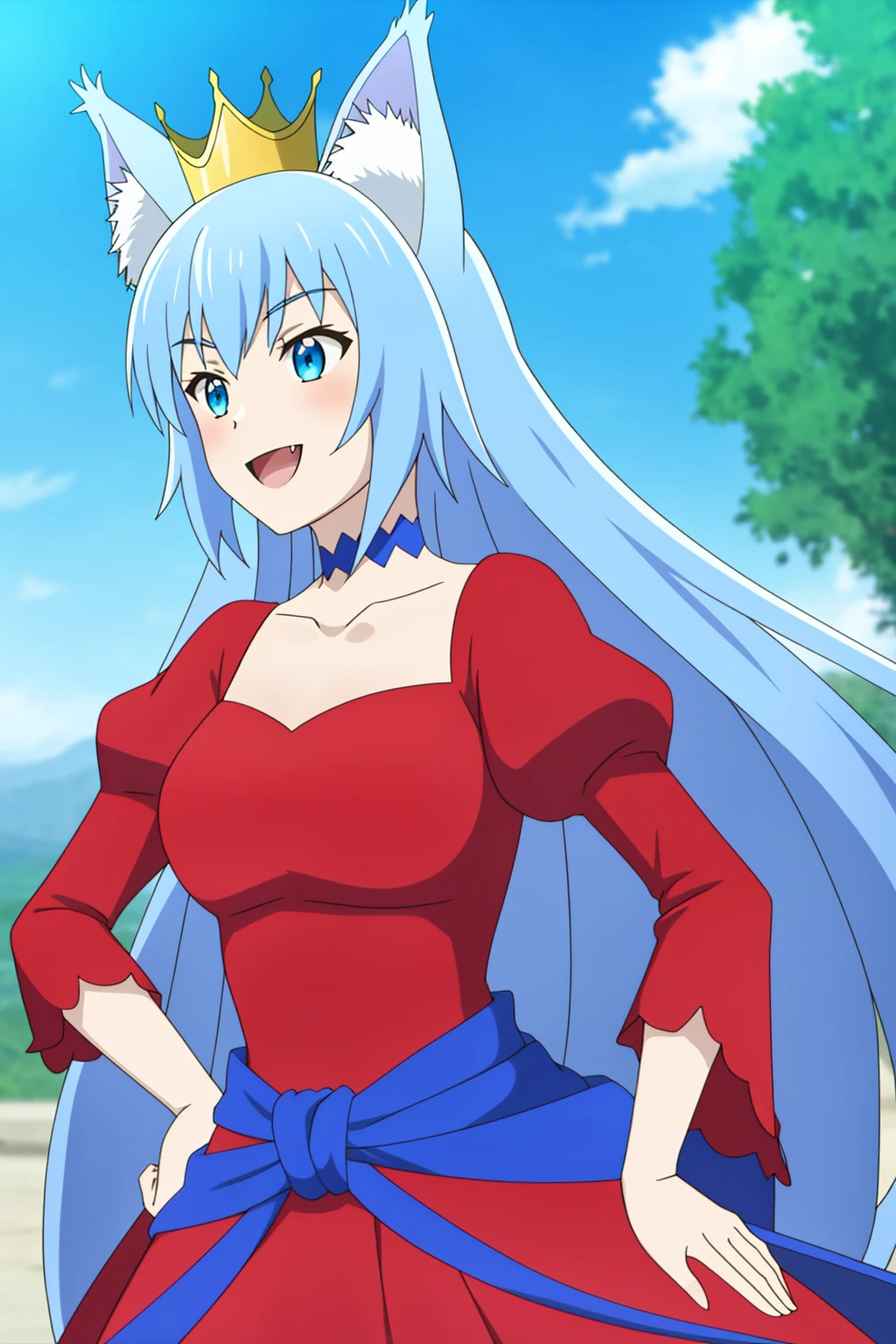 fairyqueen, 1girl, solo, long_hair, breasts, smile, open_mouth, bangs, blue_eyes, animal_ears, very_long_hair, blue_hair, collarbone, upper_body, :d, outdoors, sky, choker, day, fang, red_puffy_sleeves, cloud, cat_ears, blurry, blue_sky, v-shaped_eyebrows, animal_ear_fluff, hand_on_hip, red_dress, crown, red_juliet_sleeves, light_blue_hair, mini_crown, red_choker