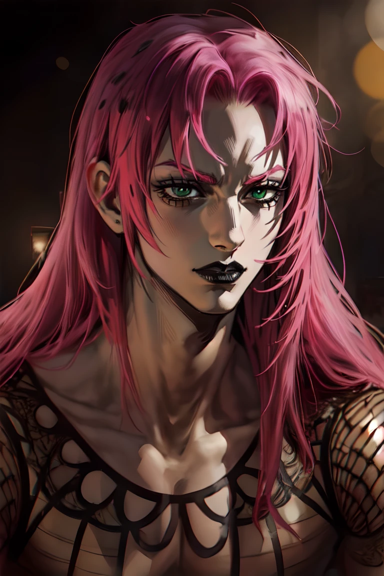 diavolo, ((solo)), 1boy, long hair, fishnets, pink hair, cathedreral, detailed, dramatic lighting, hq, hd, black lips, wallpaper, tattoo, green eyes, realistic, soft shading, detailed textures, realistic hair, Male focus, gold furnature, fancy, closed mouth, bokeh, portrait,<lora:EMS-249640-EMS:0.800000>,<lora:EMS-1218-EMS:0.600000>