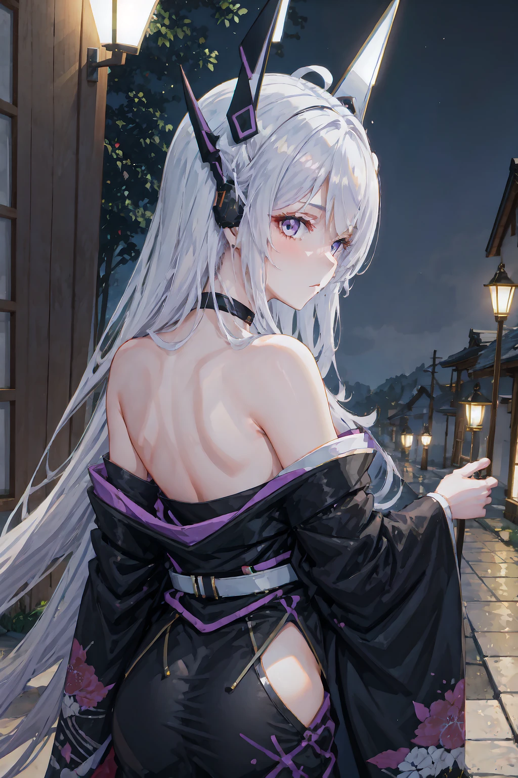 kimono, from behind, off shoulder, shoulder blades, <lora:OffShoulderKimono:1>, outdoors, night, Meina, headgear, bare shoulders, black choker, <lora:Char_OC_Meina:0.7>, looking at viewer,
