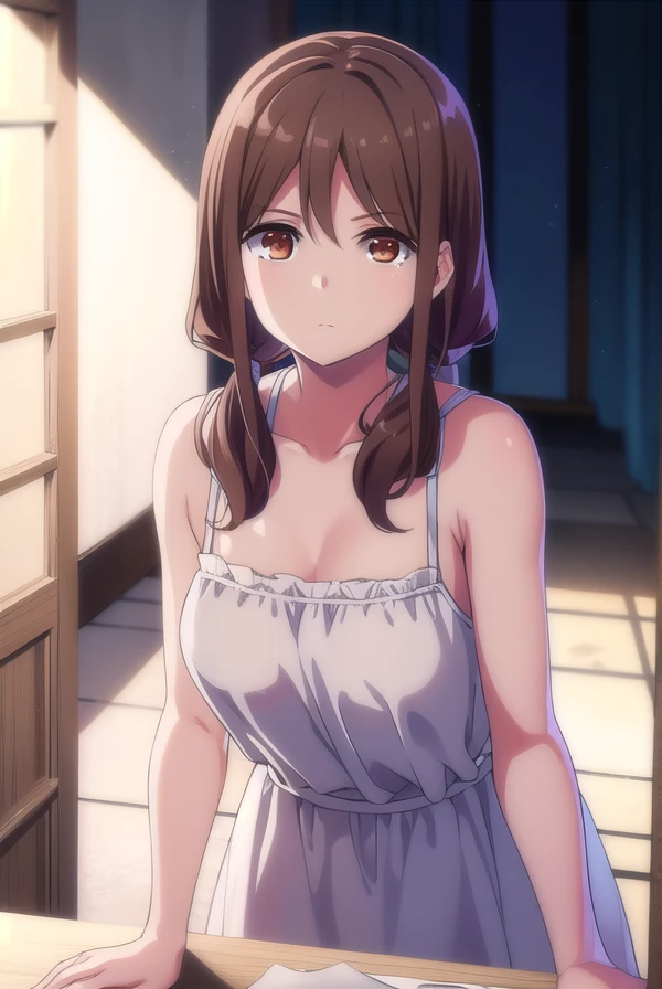 harukaoozora, <lora:haruka oozora anime s1-lora-nochekaiser:1>,
haruka oozora, long hair, bangs, brown hair, twintails, (brown eyes:1.5), low twintails,
BREAK dress, bare shoulders, collarbone, yellow dress, frills, belt, frilled dress,
BREAK outdoors,
BREAK looking at viewer,
BREAK <lyco:GoodHands-beta2:1>, (masterpiece:1.2), best quality, high resolution, unity 8k wallpaper, (illustration:0.8), (beautiful detailed eyes:1.6), extremely detailed face, perfect lighting, extremely detailed CG, (perfect hands, perfect anatomy),