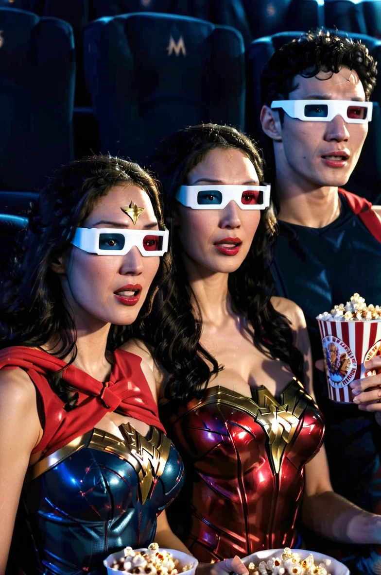 a candid photograph of: 3dglasses, wonder woman dressed in wonder woman uniform arm guards tiara red sleeveless top with gold chest, spider man dressed in spider man uniform spiderman mask spiderman bodysuit, and superman dressed in blue superman uniform and red cape, go see a 3d movie together, eating popcorn, at a movie theater, seates, shot on a RED digital cinematic camera, Sigma 85mm f/1.4, pores, highly detailed skin, goosebumps, highly detailed hair, fine fabric thread detail, shot by Weegee,<lora:3DGlasses:1>