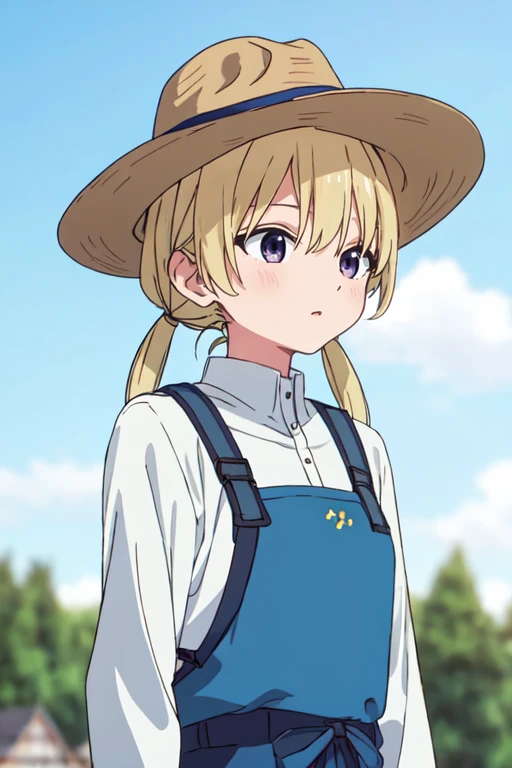 masterpiece, highres, <lora:ErikaKizakiR4:0.7>, ErikaKizakiR4,1girl, blonde hair, blue sky, blurry, blurry background, blurry foreground, building, cloud, cloudy sky, day, depth of field, hat, hill, house, long hair, long sleeves, low twintails, mountain, mountainous horizon, outdoors, sky, solo, tree, twintails, upper body