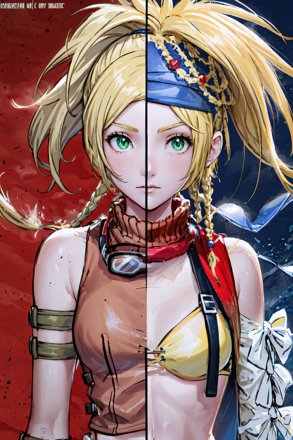 SplitScreen, close-up, split screen, <lora:Pos_SplitScreen:0.6>, <lora:RikkuV3:0.55>, upper body,
, RikkuX, x hair ornament, goggles around neck, fingerless gloves, midriff,
, SplitScreen, close-up, split screen, <lora:Pos_SplitScreen:0.6>, <lora:RikkuV3:0.55>, upper body,
, RikkuX2, blue headband, yellow bikini, scarf, detached sleeves, bikini top only,