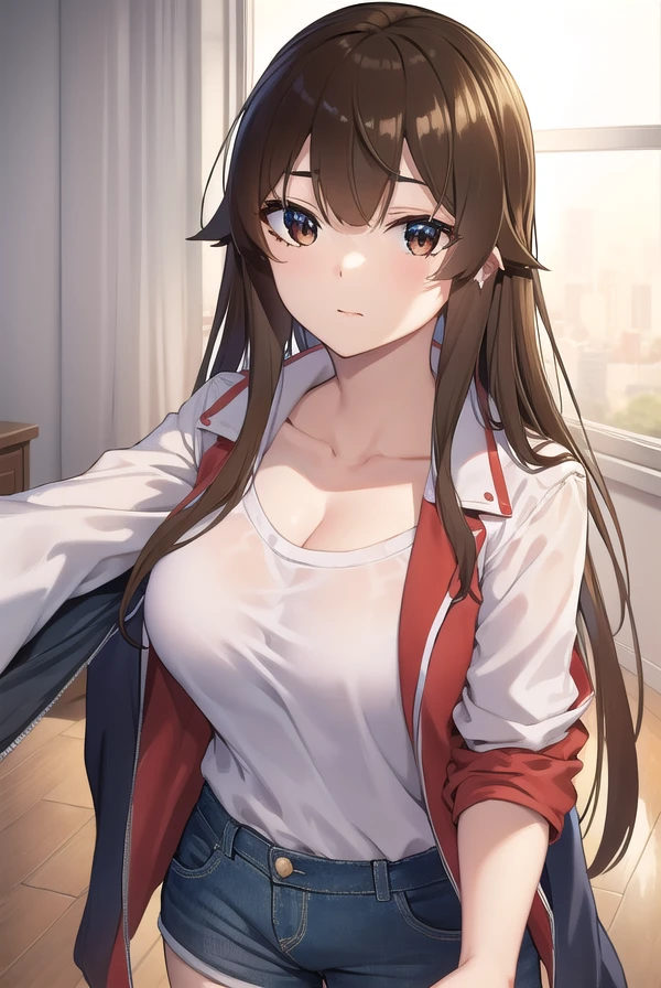 hashiraharumachi, <lora:hashira harumachi manga-lora-nochekaiser:1>,
hashira harumachi, long hair, bangs, brown hair, (brown eyes:1.5),
BREAK shirt, cleavage, collarbone, jacket, white shirt, short sleeves, red jacket, jacket on shoulders,
BREAK indoors, classroom,
BREAK looking at viewer, (cowboy shot:1.5),
BREAK <lyco:GoodHands-beta2:1>, (masterpiece:1.2), best quality, high resolution, unity 8k wallpaper, (illustration:0.8), (beautiful detailed eyes:1.6), extremely detailed face, perfect lighting, extremely detailed CG, (perfect hands, perfect anatomy),