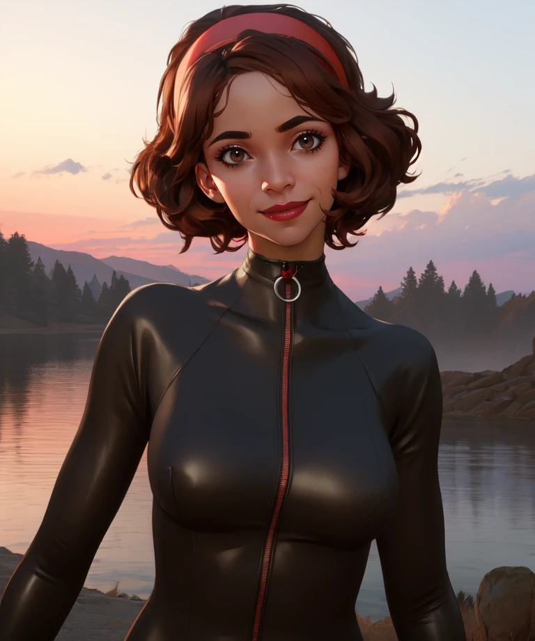 juliana,brown hair,brown eyes,short hair,
red hairband,black bodysuit,
looking at viewer,smile,
standing,upper body,
1970s \(style\),outdoors,dusk,
(insanely detailed, beautiful detailed face,beautiful detailed eyes, masterpiece, best quality)  solo,<lora:juliana-10DL:0.8>,