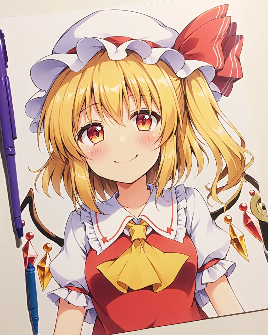 flandre scarlet,1girl, solo, wings, traditional_media, smile, side_ponytail, ascot, blush, marker_\(medium\), hat_ribbon, millipen_\(medium\)
<lora:flandre_scarlet_image12338_2023-12-11-000005:1>,star-shaped_pupils,symbol-shaped_pupils,. gorgeous,key visual, vibrant, studio anime,award-winning, professional, highly detailed,high budget, cinemascope